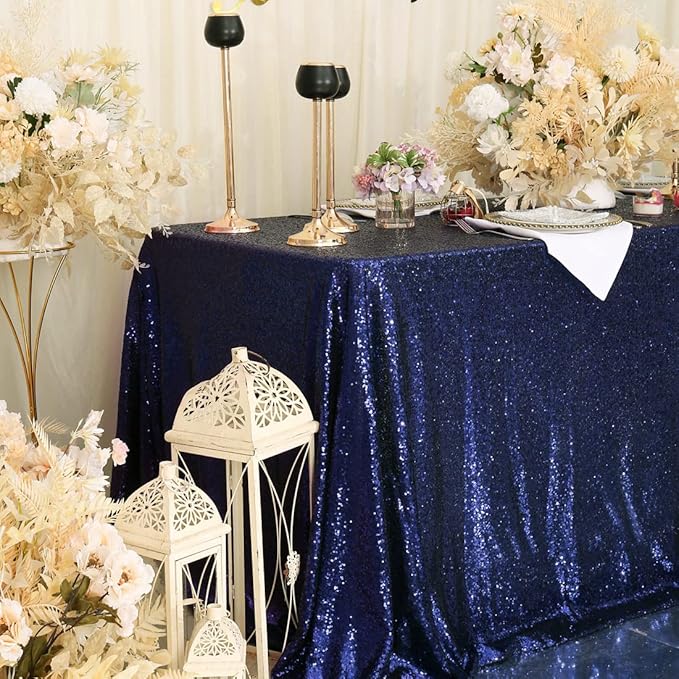 SquarePie Sequin Tablecloth 60 x 120 Inch Navy Blue Sparkly Table Linen for Wedding Party