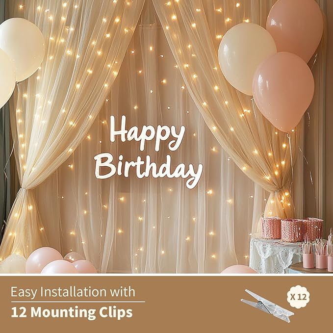 Champagne Tulle Backdrop Curtain with Lights String - 10x8ft Sheer Backdrop with 250 LEDs for Wedding, Baby Shower, Bridal Shower, Birthday Party Photo Shoot Background and Home Decorations