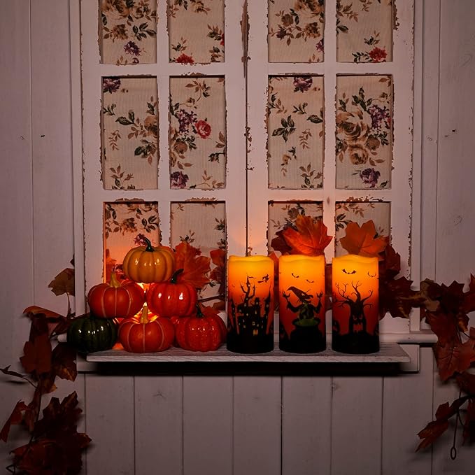 Homemory Halloween Candles, Orange Flameless Candles, Real Wax Flickering Battery Operated LED Pillar Candles with Remote Timers for Halloween Spooky Decoration, Day of The Dead, 3”x6”, Set of 3