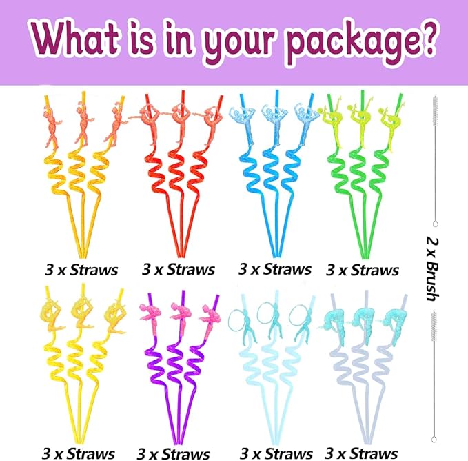24 Reusable Gymnastics Party Glitter Straws,Cartoon Dance Aerobics Decoration Glitter Straws For Gymnastics Disco Party Favors With 2 Brushes 8Color
