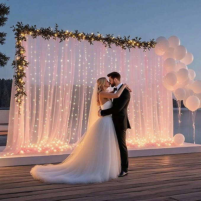 10×10ft Tulle Backdrop Curtains with Lights String - 300LED Fairy Lights Sheer Curtain Backdrop for Weddings Baby Shower and Birthday Party Decorations(2 Panels 5×10ft)