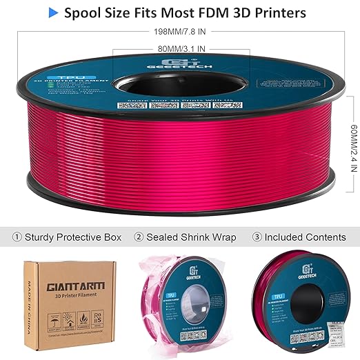 Geeetech TPU Filament 1.75mm, Shore 95A – Flexible 3D Printer Filament with High Elasticity, 1KG (2.2lbs) Spool, Dimensional Accuracy ±0.03mm, Fits Most FDM Printers (Clear Pink)