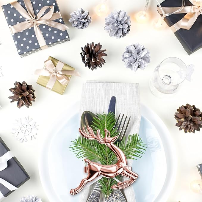 ZeeDix Set of 6 Rose Gold Elk Chic Napkin Rings for Christmas Dinning Table Setting-Wedding Receptions, Christmas, Thanksgiving and Home Kitchen for Casual or Formal