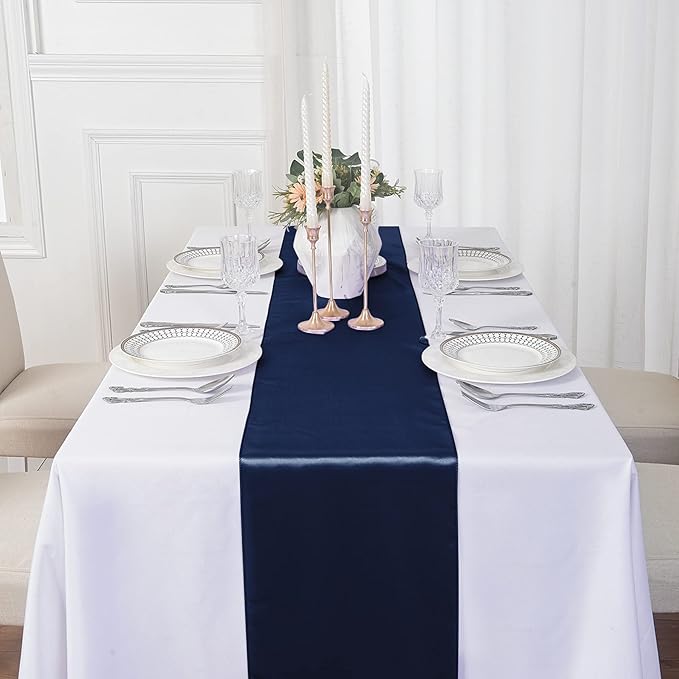 12Pack Table Runner 12 x 108 Inches Satin Silk Table Runner for Wedding, Birthday Party, Banquets, Graduations Decoration, fit Rectange and Round Table-Navy