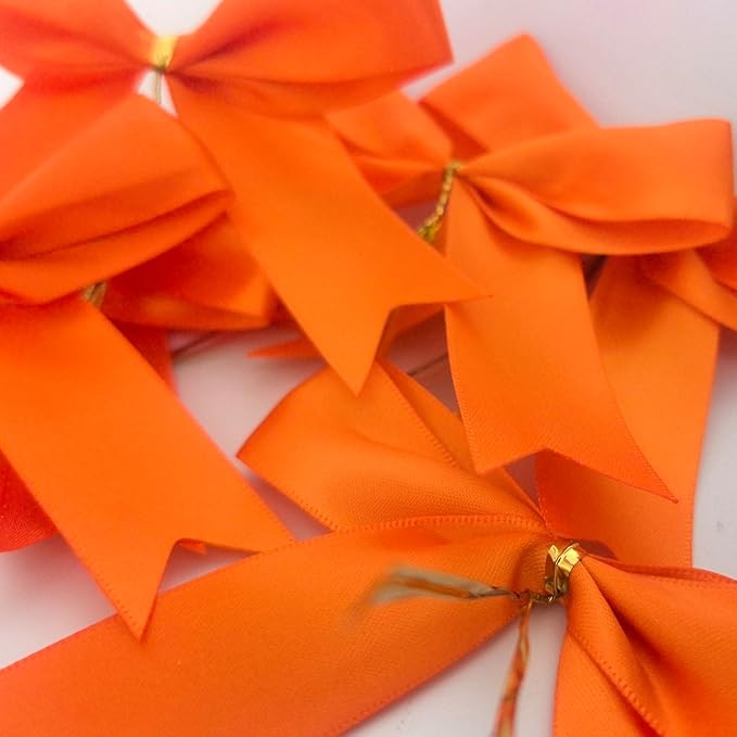 50pcs 3-1/2" Orange Twist Ties Satin Bows in Pumpkin Color Twist Tie Bows for Thanks Giving Halloween Wrapping Fish Tail Cutting(Orange)