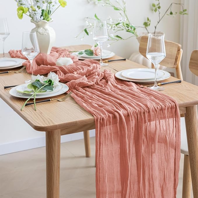 Asee'm Cheesecloth Table Runner 120 Inches Dark Rose Boho Gauze Cheese Cloth Runner 10FT Rustic Sheer Fall Table Runners for Thanksgiving Wedding Baby Shower Holiday Party Decoration