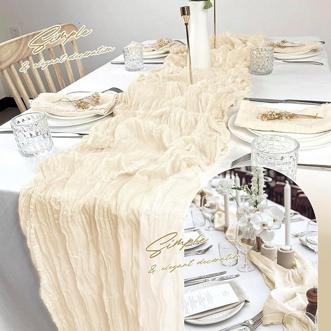 Aktor 12 Pack Ivory Table Runner Boho Cheesecloth Table Runner Semi Sheer Gauze Fabric Runners for Wedding Birthday Baby Shower Party Boho Table Decoration(Ivory)