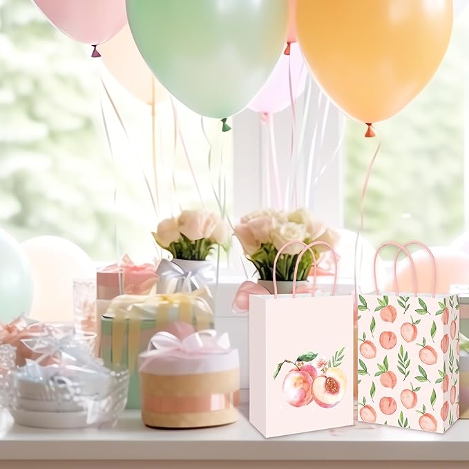 JarThenaAMCS 24Pcs Peach Paper Gift Bag Pink Treat Bags with Handles Candy Goodie Bags for Spring Summer Wedding Birthday Bridal Baby Shower Party Favors Supplies