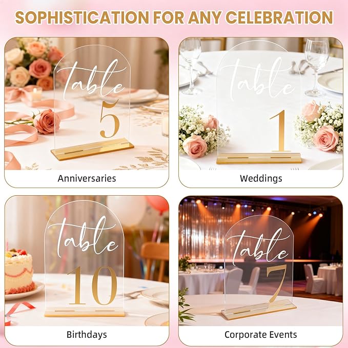 Arch Wedding Table Numbers 1-10 with Stands, 5” x 7” Elegant Acrylic Display Signs with Golden Text, Perfect Table Numbers for Wedding Reception, Centerpiece, Decoration, Party, Anniversary and Event
