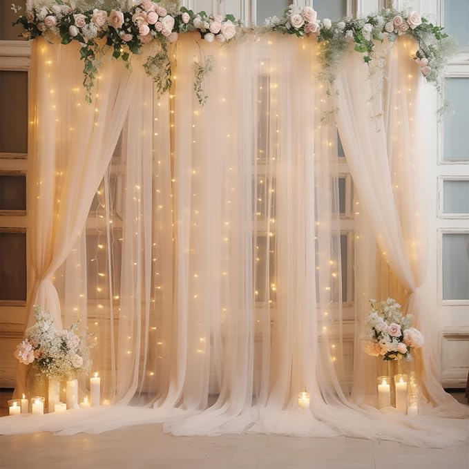 30×10ft Champagne Tulle Backdrop Curtain with Lights String for Parites, Sheer Photo Backdrop Curtains for Wedding Party Photography Background