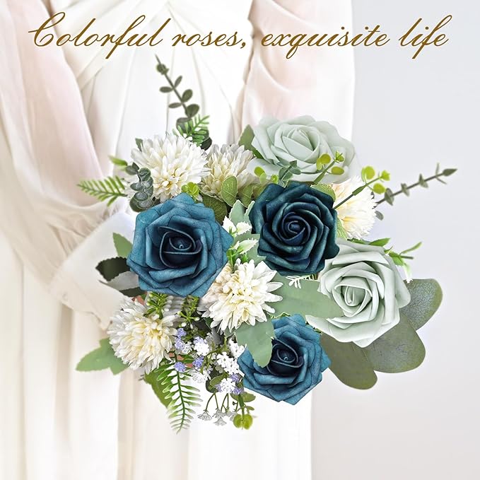 BLEUM CADE 16Pcs Artificial Flowers Fake Roses with Stems, Gradient Misty Blue Boxed Foam Roses for DIY Bouquets Centerpieces Wedding Party Arrangement Bridal Shower Decor