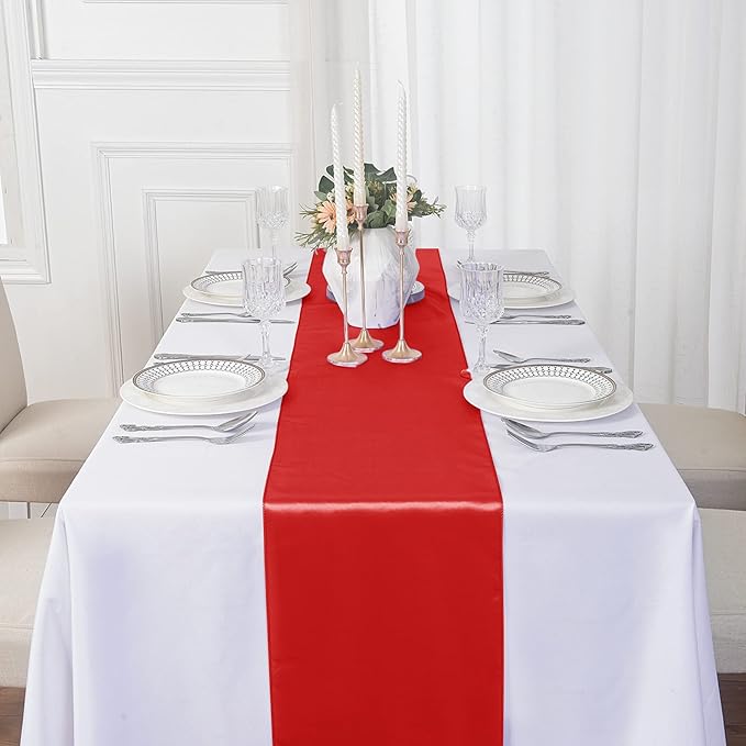 24Pack Table Runner 12 x 108 Inches Satin Silk Table Runner for Wedding, Birthday Party, Banquets, Graduations Decoration, fit Rectange and Round Table-Scarlet