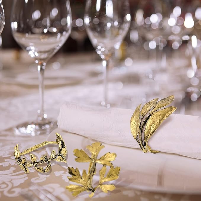 Cunhill 8 Pieces Herb Napkin Rings Set Vintage Leaf Napkin Holders Rings Glossy Holder Adornment Metal Table for Graduation Holidays Wedding Graduation Party Decor Everyday Use(Gold)