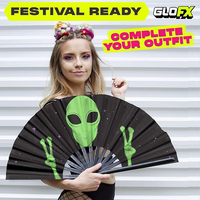 GloFX Folding Fan - Alien - Large Rave Clack Folding Hand Fan for Men/Women - for EDM, Music Festival, Club, Event, Party, Dance, Performance, Decoration, Gift