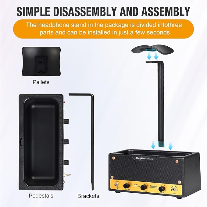 Headphone Stand with Cable Storage, Display Music Lovers' Decorative Items & Suitable Headphone Holder, Contains 1 Base 1 Support Rod 1 Headrest (Metal Texture Black)