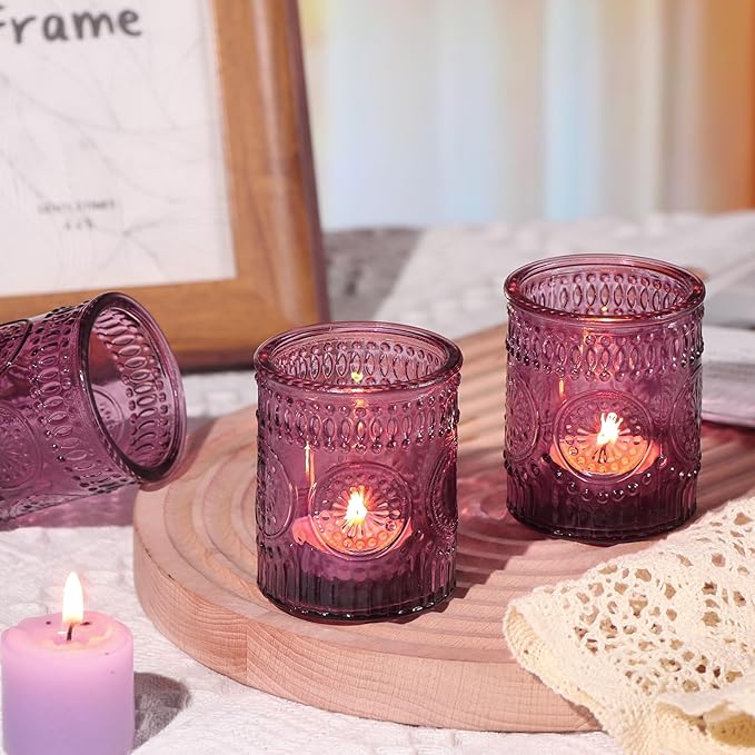 DARJEN Purple Votive Candle Holders Set of 36- Glass Tea Light Candles for Purple Candles, Embossed Candle Votives for Wedding Table Centerpiece, Party & Home Decor