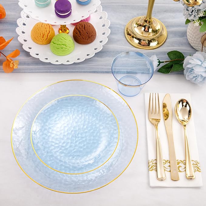Rubtlamp 175 Pcs Plastic Dinnerware Set (25 Guests), Blue Disposable Plates With Gold Rim, Hammered Party Plates Set Include Dinner Platos, Dessert Platos, Cups, Cutlery And Napkins for Party