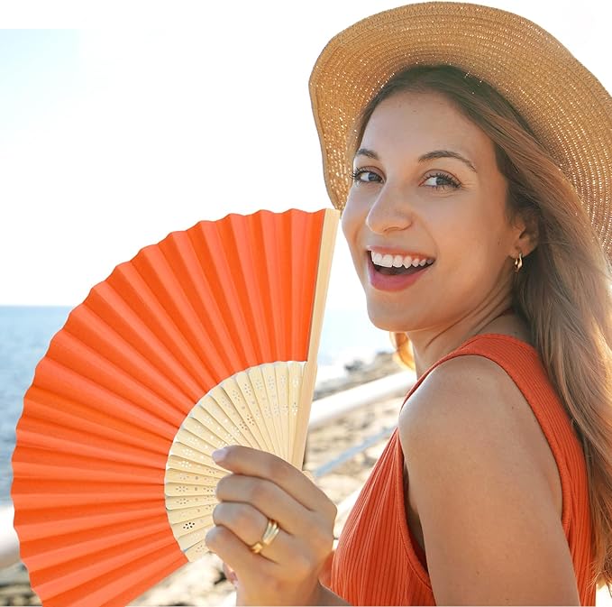 12 Pieces Orange Hand Held Bamboo Folding Fans Paper Fans Handheld for Women Foldable Girls Wedding DIY Decoration Church Home Party Favors Summer