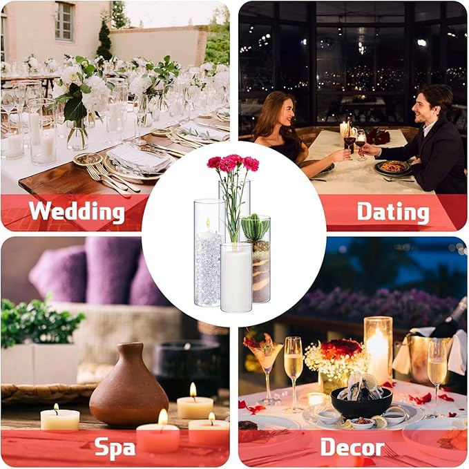 Sawysine 8 Pcs Glass Cylinder Vases 2.5''/2.95''/3.9'' Diameter Clear Flowers Vase Hurricane Floating Candles Holders for Table Centerpieces (2.95 x 6 in,2.95 x 8 in,2.95 x 10 in,2.95 x 12 in)