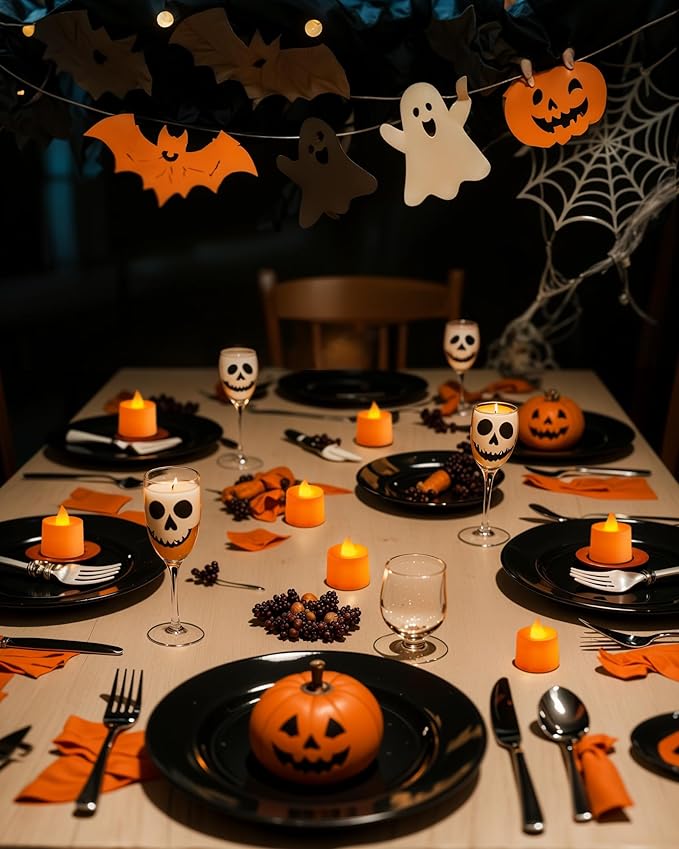Amagic 24 Pack Halloween Orange LED Tea Lights, Flameless Votive Candles Battery Operated, Electric Fake Colored Tealights Candles for Party, Christmas, Thanksgiving, Table Centerpiece, Holiday Decor