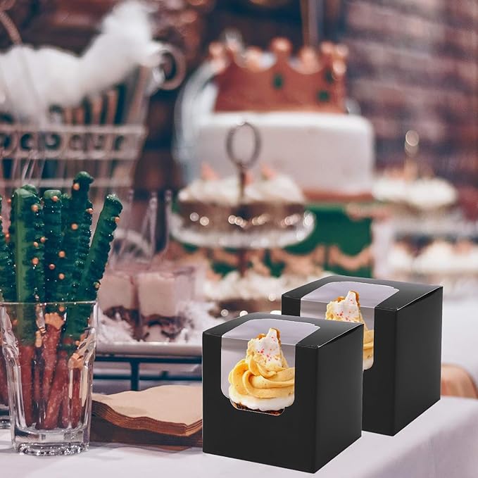 JCD 120 Boxes+120 Inserts Black Cupcake Boxes Individual Cupcake Container 3.5" x 3.5" x 3.5" Auto-Pop up Single cake Box for Bakery Gift Giving (Black/120Pcs)