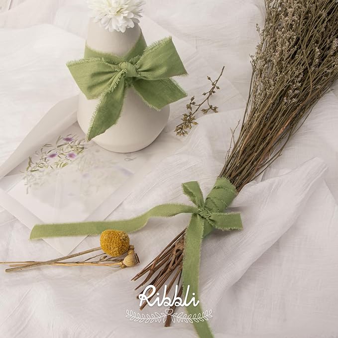 Ribbli 3 Rolls Sage Green Ribbon 5/8 Inch x 18Yards Handmade Cotton Frayed Fringe Ribbons for Gift Wrapping Wedding Invites Bridal Bouquets Baby Shower DIY Crafts Home Decor