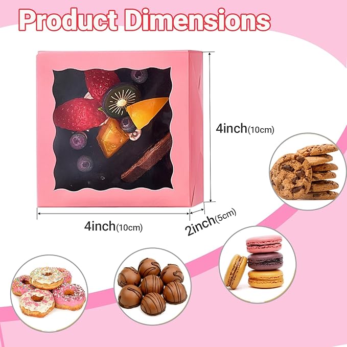 50-Count 4x4x2 Food-Safe Pink Bakery Boxes - Multi-Use Pastry & Treat Packaging for Cookies, Truffles & Wedding Favors (Stackable Gift Boxes for Cakes, Pies & Cinnamon Rolls)