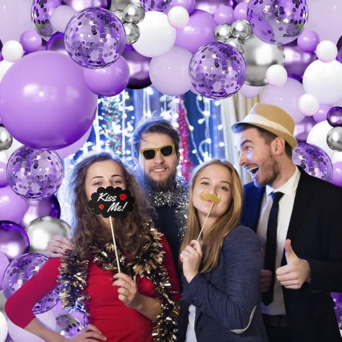 Purple Balloons Garland Arch Kit,144pcs Lavender Purple Pastel Purple Confetti Balloons with Silver White Ballons for Girl Butterfly Bridal Shower Princess Birthday Wedding Party Decoration