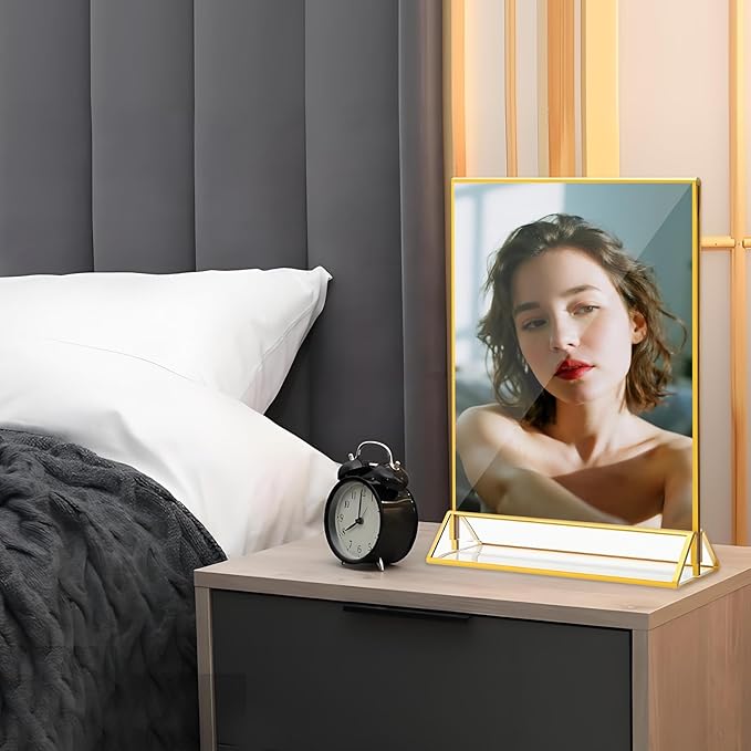 Acrylic Sign Holder, 5 x 7 Inch Gold Frames, 8 Pack Double-Sided Gold Display Stand Picture Frames, Table Signs Holders for Table Menus, Offices, Weddings, Flyers and Photo Frame (8 PCS)