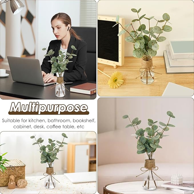 Artificial Eucalyptus Stems in Glass Vase Decorative Greenery Artificial Plant with Double Sided Green Eucalyptus Leaves for Home Office Decor (Green)