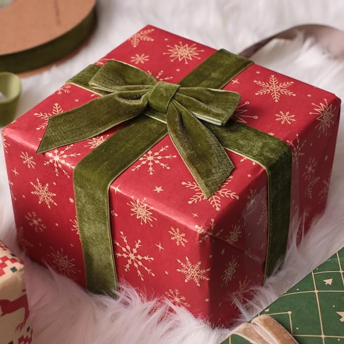 Olive Green Christmas Velvet Ribbon for Tree, Gift Wrapping, Flower Bouquet, Wreath Decorations, Bow Making 1'', 25 Yards