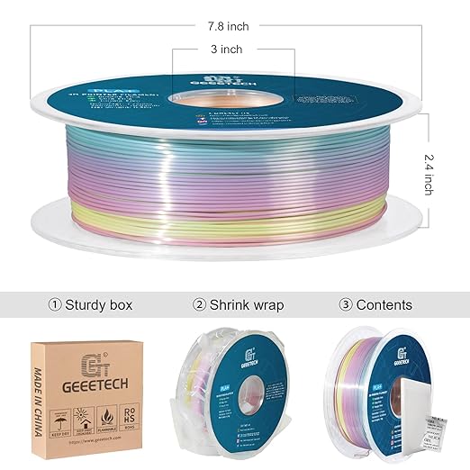 GEEETECH Silk Rainbow PLA Filament 1.75mm, 3D Printer Filament 1kg Spool (2.2lbs), Shiny Multicolor Gradient PLA, +/- 0.02 mm Accuracy, Low Warping, 3D Printing Filament Fits Most FDM 3D Printers