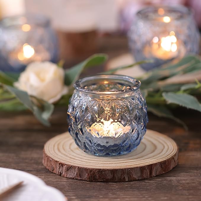 DARJEN 12Pcs Blue Votive Candle Holders - Round Glass Candle Holders Bulk for Tea Light Candle, Diamond Texture Candle Votives for Wedding Centerpiece, Party & Home Decor