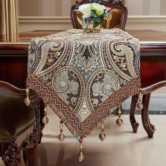 Luxury Vintage Design Table Runner 120 inches Long Embroidery Jacquard Fabric with Multi-Tassels Table Runners for Dining Room Dresser Wedding Holiday Party Fireplace Decorations (Coffee, 12X120inch)