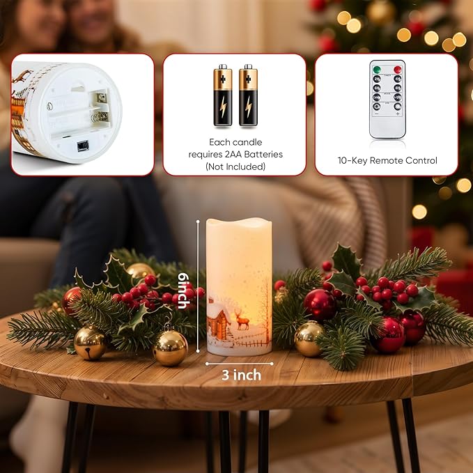 Homemory Christmas Flameless Candles Battery Operated with Snowman, Remote Control and Timers, Real Wax LED Pillar Candles for Rustic Country Home Farmhouse Cabin Decor, Set of 3, 3”x 6”