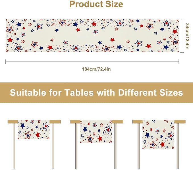 4th of July Table Runner, American Stars Patriotic Independence Day Table Runner for Indoor Outdoor Party Home Kitchen Dining Table Decor, Blue Red, 13x70inch