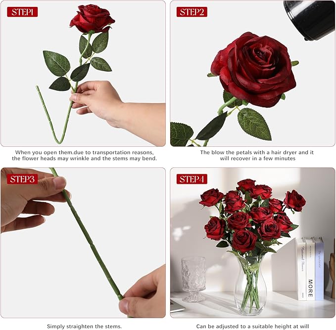 Tifuly 12pcs Red Roses Artificial Flowers,Realistic Long Stem Fake Silk Roses Bouquet for Party Home Wedding Centerpiece Office DIY Decor(Burgundy)