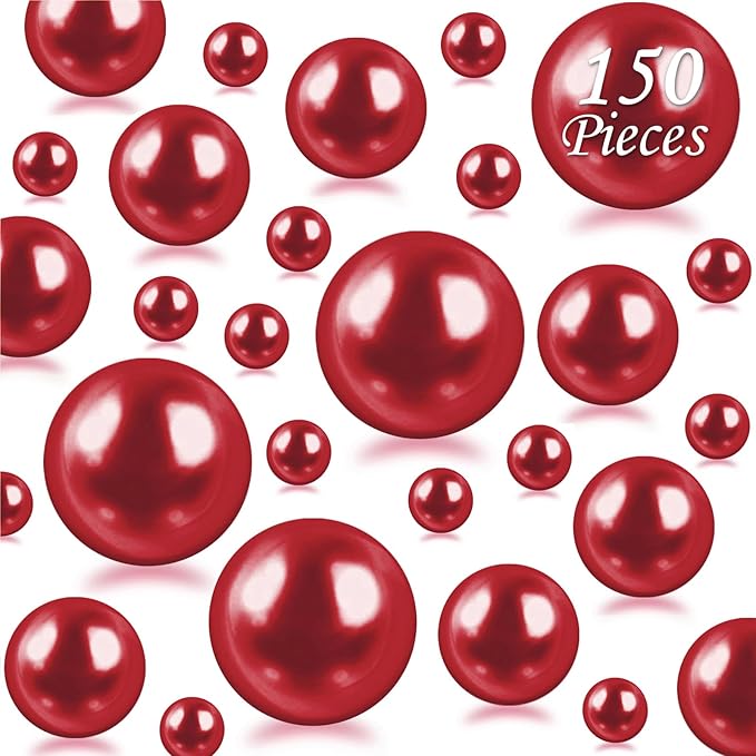 150Pcs Red Polished No Hole Faux Pearl Beads for Vase Filling Decorations, Plastic Pearls Vase Fillers, Table Scatters, Wedding Centerpiece, Home Decor, 8/14/20 mm