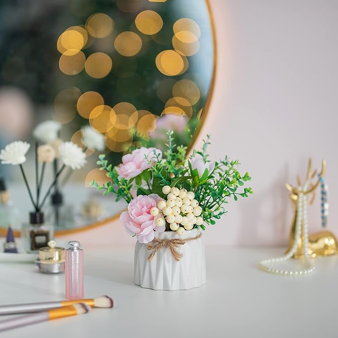 BLOSMON Table Decor Artificial Flowers Vase 7 Inch Small Fake Pink Flower Arrangement 2pcs for Tables Centerpieces Kitchen Dining Room Decorations Faux Flower in Vase Coffee Table Silk Roses