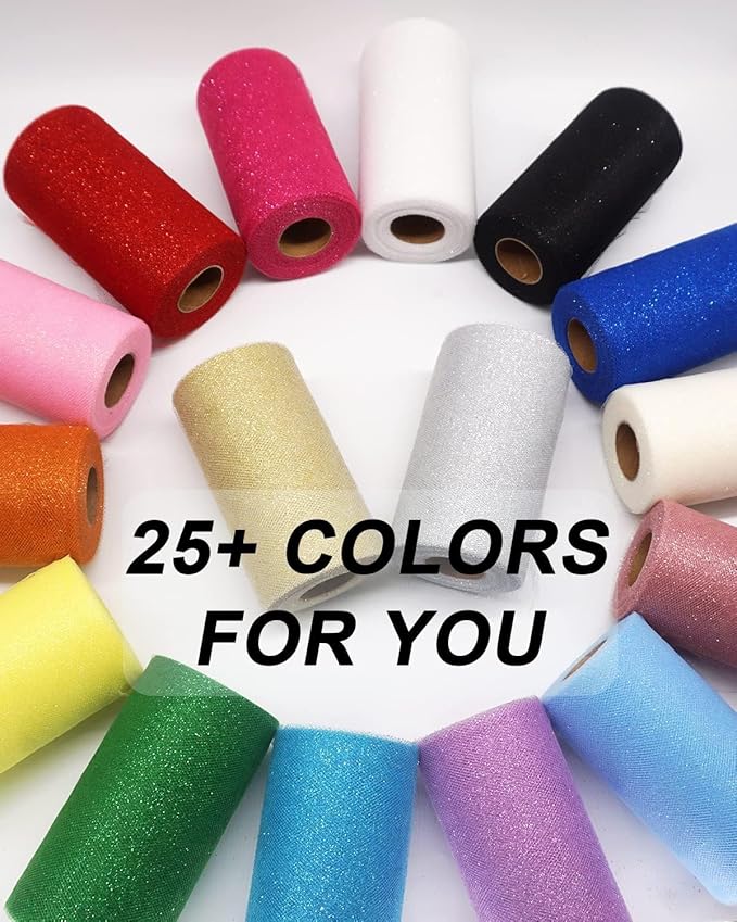 Glitter Gold Tulle Fabric Rolls, 6 Inch 50 Yards (150ft) Sparkling Spool Ribbon Sequin Netting for Tutu Skirt Gift Wrapping Wedding Party Decoration (White/Gold)