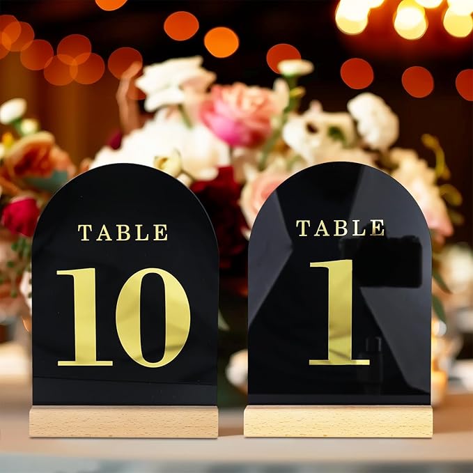 Wedding Table Numbers 1-10, Acrylic Arch Signs with Natural Wood Stands Holders, Rustic Table Decor for Reception & Parties (Black Gold)