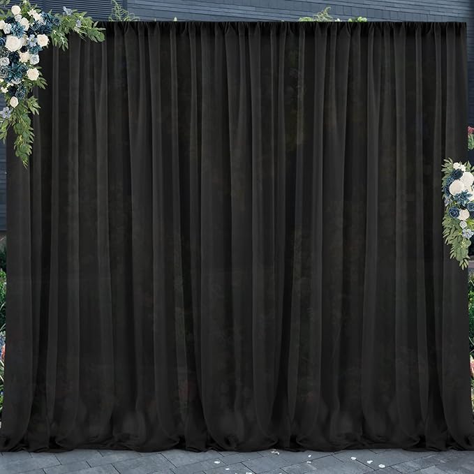 PARTISKY 10ftx10ft Black Chiffon Sheer Backdrop Curtains, Wrinkle-Free Wedding Backdrop Drapes for Birthday Party Ceremony Arch Stage Decor Background for Photography 5ft x 10ft,2 Panels