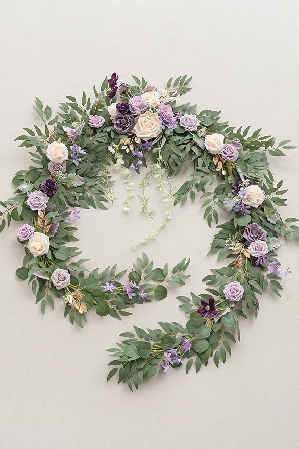 Ling's Moment 9FT Flower Garland for Backdrop Decorations - Wedding Arch Flowers, Eucalyptus & Rose, Artificial Floral Garland for Mantel - Sweetheart Table Decor for Ceremony Reception, Lilac & Gold