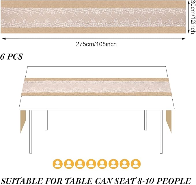 Xinnun 6 Pcs Burlap Table Runner with Lights 12 x 108 Inches Burlap Lace Table Runner Rustic Wedding Decorations Home Party (Vine)