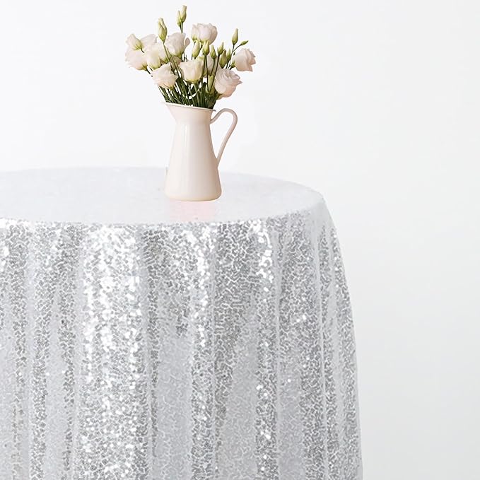 6 Pcs Silver Sequin Tablecloth 50Inch Silver Round Tablecloth Overlay Round Table Cloth Silvers Glitter Tablecloth Round Sparkly Drape Tables Cloth for Wedding Party Cake Holiday Banquet