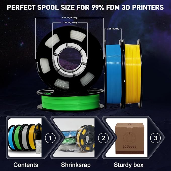 YOUSU 3D Printer Filament Bundle, Glow in The Dark Filament Multicolor, Green, Blue, Yellow and Rainbow PLA Filament 1.75 mm, Dimensional Accuracy +/- 0.03 mm, 250g X 4 Pack