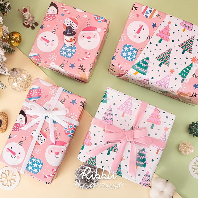 Ribbli Pink Christmas Wrapping Paper Reversible Cute Christmas elements Gift Wrapping Paper Rolls for Kids Holiday Presents Decoration-17 Inch x 33 Feet