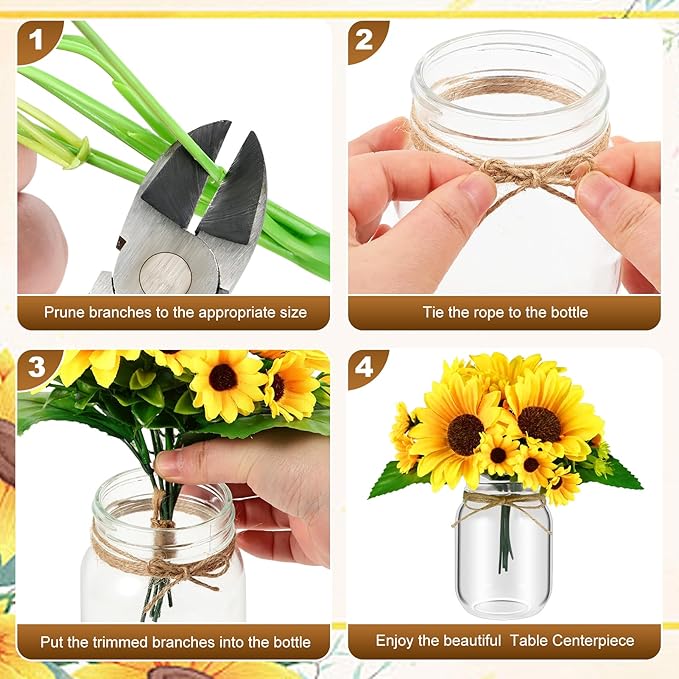 6 Set Centerpiece Table Decorations Mason Jar Table Centerpiece with Flower Mason Jar Wedding Centerpieces Vases Decor for Reception Engagement Party Bridal Shower (Sunflower)