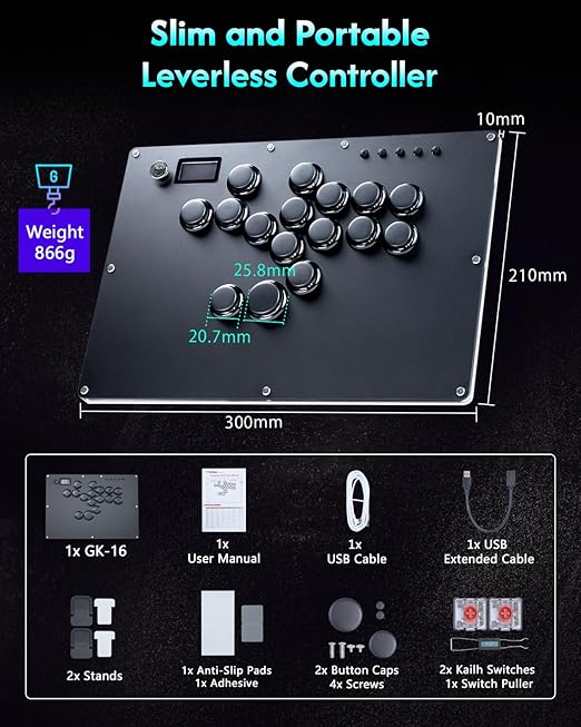 GuileKeys Leverless Controller Arcade Stick GK-16, All-Button Arcade Controller with Multi-function Button for PS4/PS3/PC/Switch, Arcade Fight Stick with RGB/Turbo/Hot-Swap/Low Profile Switch Black