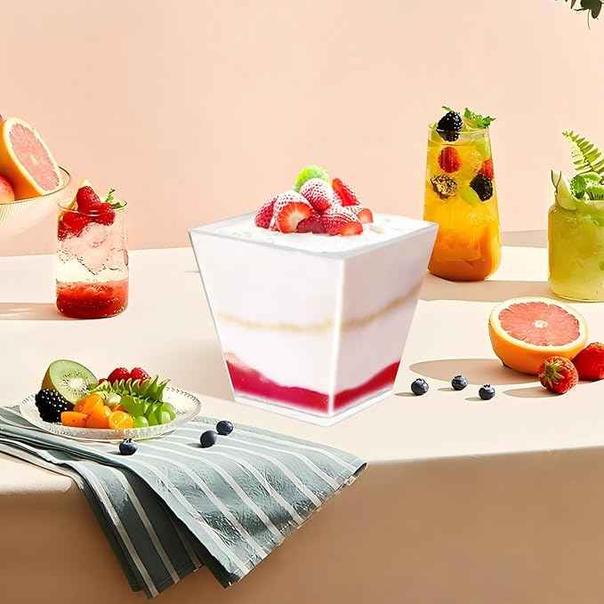 50 Pack 7 oz Clear Plastic Square Dessert Bowls with Spoons,Mini Disposable Parfait Cups for Yogurt, Ice Cream and Tasting,Serving Cups for Appetizer,Pudding,Party (7 oz)